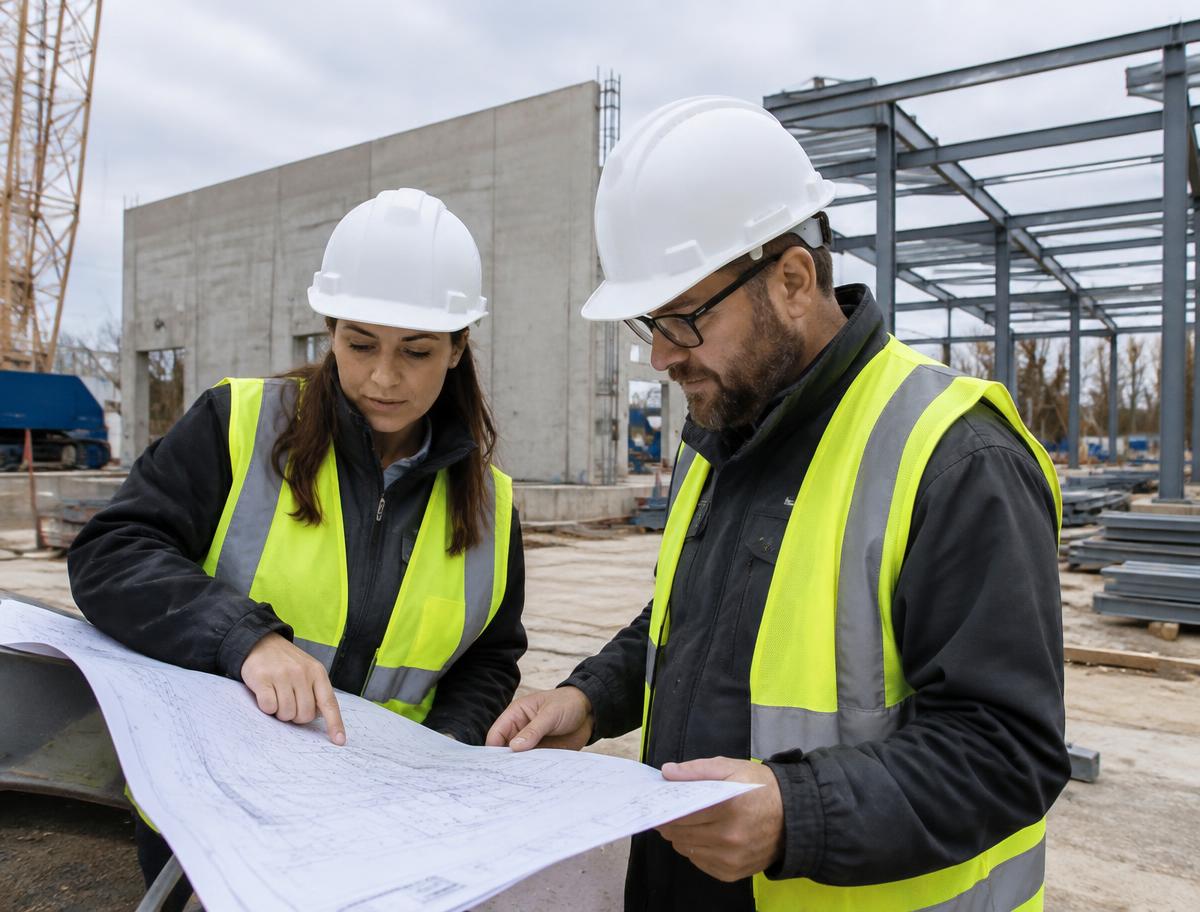 Engenheiros analisando projeto em canteiro de obras